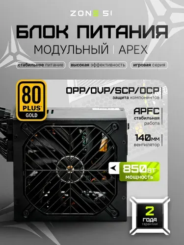 Блок питания ZONE 51 "Apex 80 Plus Gold-850", ATX 3.1, 850Вт, черный