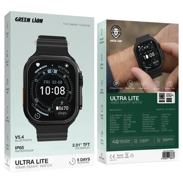 Green Lion Ultra Lite 49mm Smart Watch, 2.01” TFT IPS, Bluetooth 5.4, IP65, беспроводная зарядка