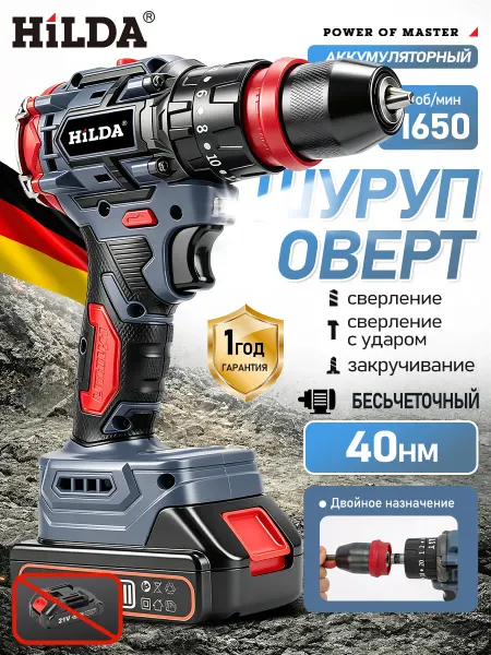 Бесщеточный аккумуляторный шуруповерт с двойным патроном