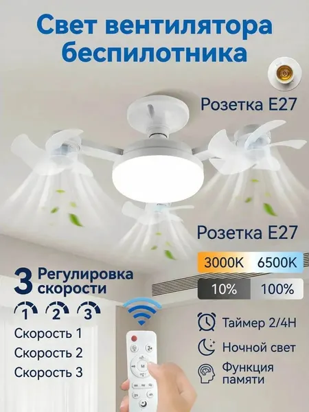 LED люстра с вентилятором с пультом 3 режима света 4 скорости современная для дома и офиса - Белый
