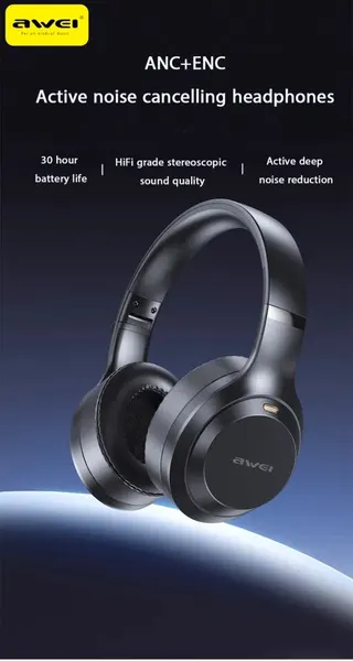 Awei AT3 ANC — Bluetooth 5.4 полноразмерные наушники с активным шумоподавлением, 38 часов работы, микрофон, стерео звук