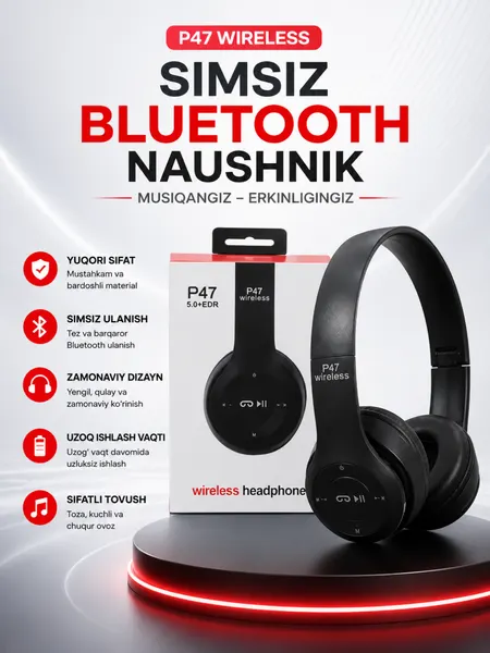 Беспроводные наушники P47 Bluetooth со стереозвуком, TF-картой, AUX и микрофоном