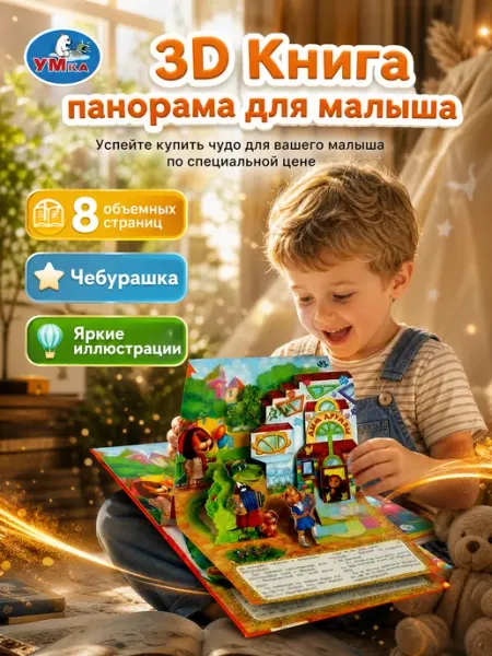 Умка Книжка панорама для малышей от года Чебурашка картонная 3д