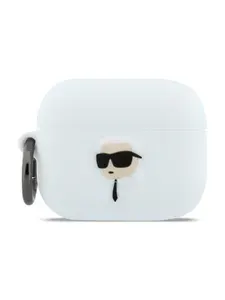 Чехол Karl Lagerfeld для Airpods Pro 3, силиконовый c эффектом Soft-touch, с металлическим карабином, принтом NFT 3D Karl, белый
