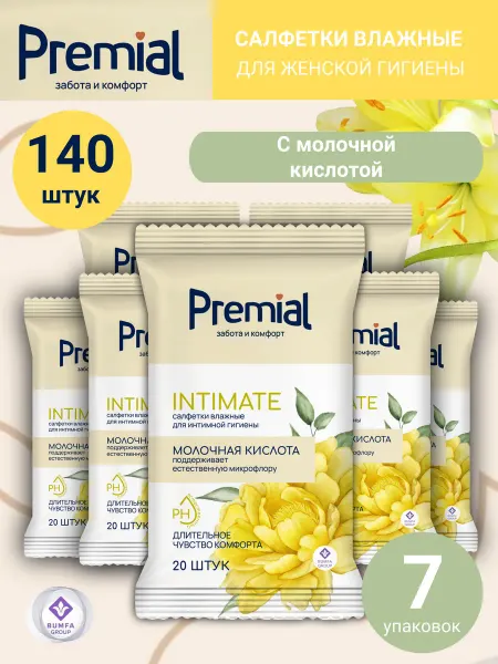Premial Влажные салфетки для интимной гигиены 7 уп Молочная кислота