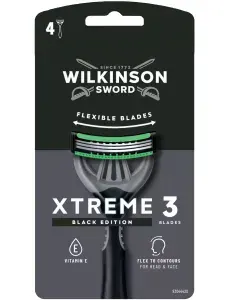 Wilkinson Sword Бритвы одноразовые Schick XTREME 3 Black Edition (4 станка), 3 лезвия, плав.головка, увл.полоска, прорезиненная ручка