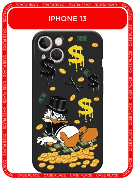 Черный матовый чехол на Apple iPhone 13 / Айфон 13 с принтом Скрудж Макдак среди денег