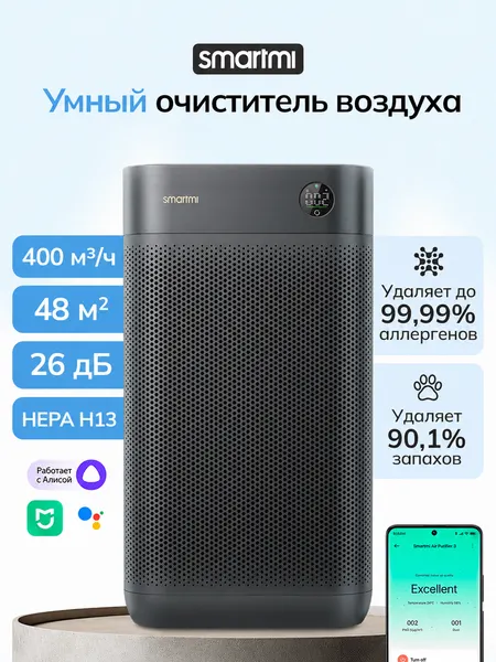 Очиститель воздуха Smartmi Air Purifier 3, Xiaomi Home, Алиса, 48м2, для дома