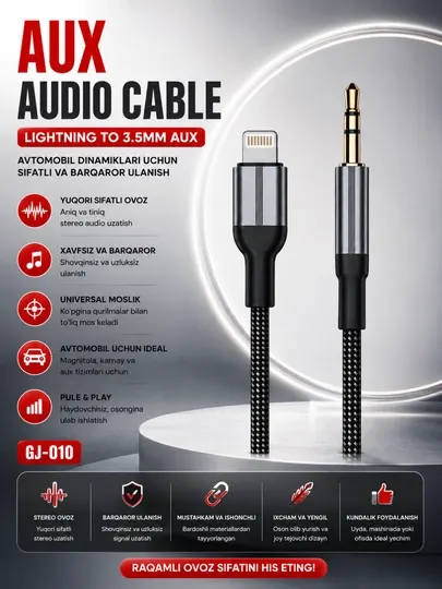Lightning – AUX Кабель 3.5 мм для iPhone автомобильный аудиокабель Hi-Fi стерео