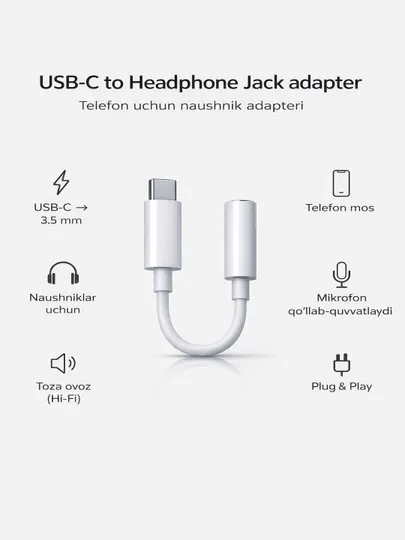 Адаптер для Samsung и iPhone, Lightning / USB-C → 3,5 мм адаптер для наушников
