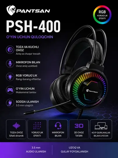 Игровая проводная гарнитура PANTSAN PSH-400 с RGB, микрофоном, 3.5 мм