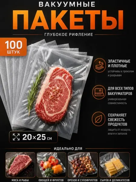 Пакеты для вакууматора рифленые для продуктов 20х25 см