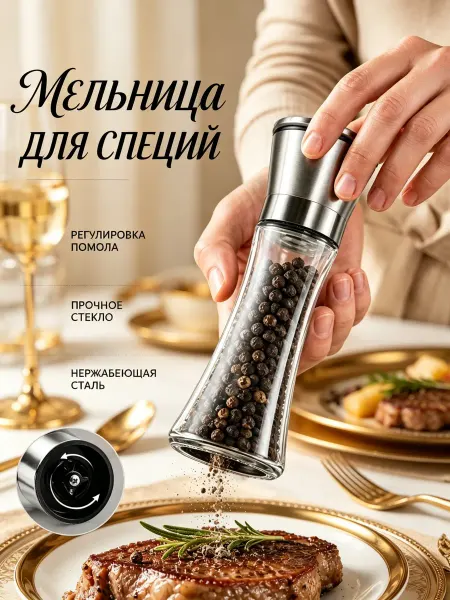 Мельница для специй ручная регулируемая для соли и перца