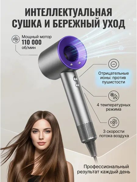 Фен для волос профессиональный с 1-ой насадками и ионизацией