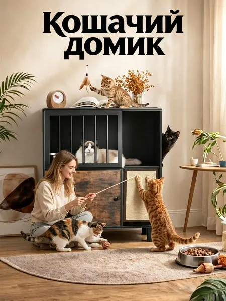 Роскошный кошачий домик со шкафчиками хранения и когтеточкой