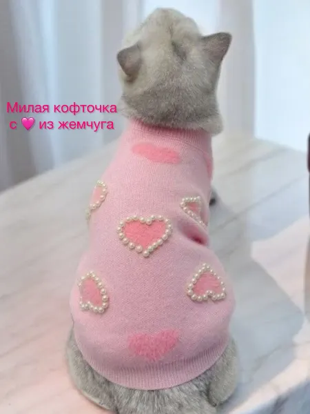 DoggoD Свитер розовый с сердечками из жемчуга