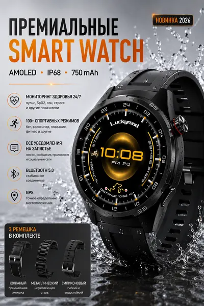 Смарт часы мужские, экран AMOLED, 3 ремешка, умные часы мужские