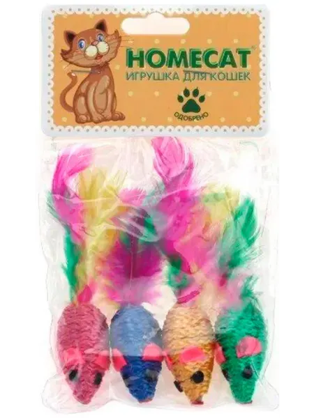 Homecat Игрушка Мышка для кошек перо погремушка цветная 5 см 4 шт