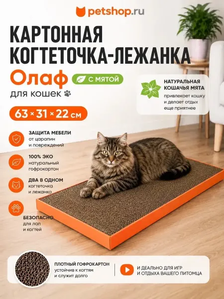 PetShop Картонная когтеточка лежанка "Олаф" для кошек, 63х31х22 см
