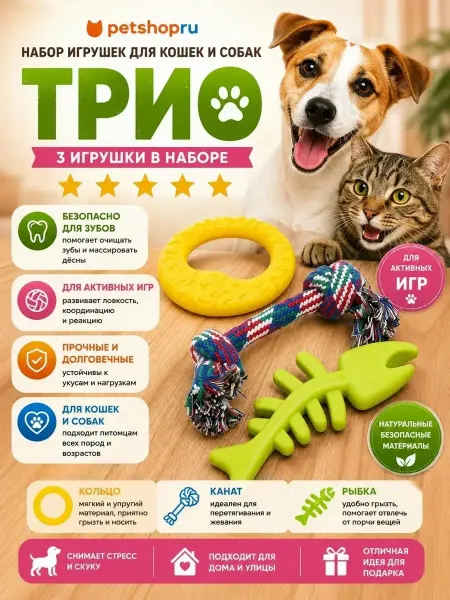PetShop Игрушка для собак канат, рыбка и кольцо "Трио", 3 шт