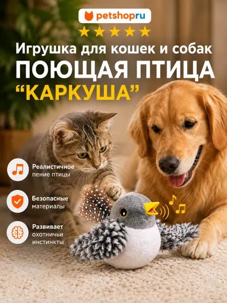 PetShop Игрушка для кошек и собак поющая птица “Каркуша”