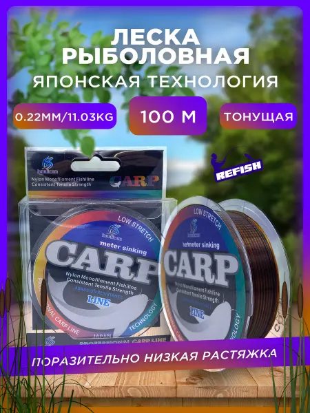 REfish Леска рыболовная 0.22 мм 100 м тонущая карповая