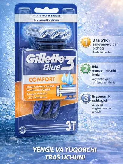 Одноразовые бритвы Gillette Blue 3 Comfort, мягкие, гладкие и удобные, 3 шт