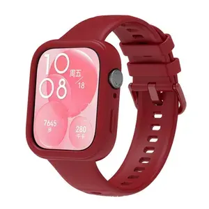 Ремешок силиконовый с бампером для Huawei watch fit 3 бордовый
