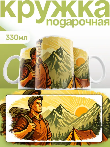 Каждому своё Style Кружка Путешествия Мужчина с рюкзаком Горы Палатка Ретро