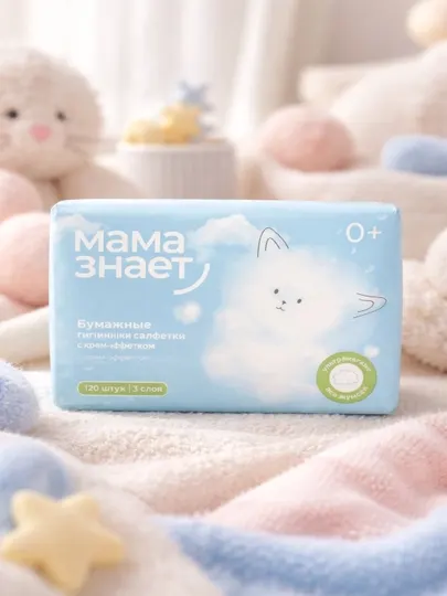 Детские бумажные салфетки Mama znaet, 120 шт, 3 слоя с крем эффектом