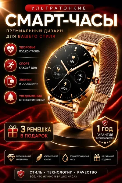 Смарт часы женские Smart watch Gold, золотые, ультратонкие фитнес часы, 3 ремешка.