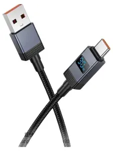 Кабель USB Type C быстрая зарядка // 3а, кабель тайпси, с дисплеем / в черной нейлоновой оплётке