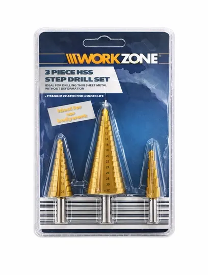 Набор ступенчатых сверл Workzone из 3 предметов из быстрорежущей стали