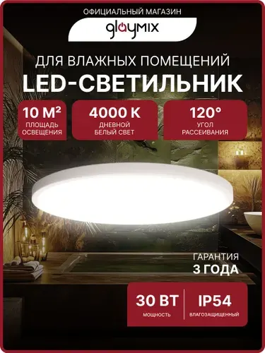 Светильник потолочный светодиодный 30 Вт / люстра для кухни, гостиной комнаты, спальни, ванной, гаража, детской, прихожей / круглый настенный, накладной