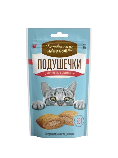 Лакомство для кошек "Деревенские лакомства", подушечки с пюре из говядины, 30 г