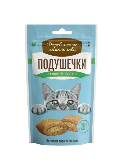 Лакомство для кошек "Деревенские лакомства", подушечки с пюре из курицы, 30 г