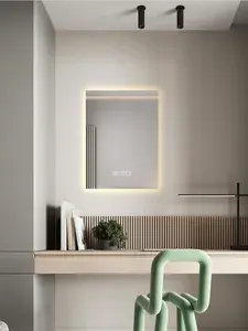 Зеркало для ванной с часами Qwerty 70*30 вертикальное с тёплой LED-подсветкой