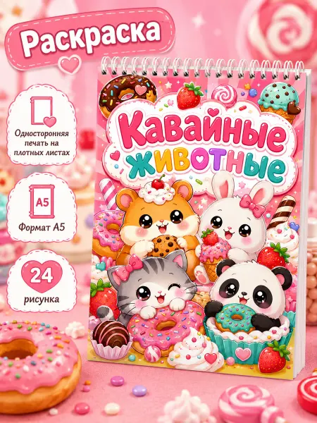 Милая раскраска для девочек и мальчиков Кавайные животные