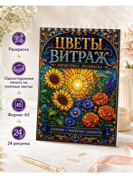 Раскраска антистресс Витражи цветы