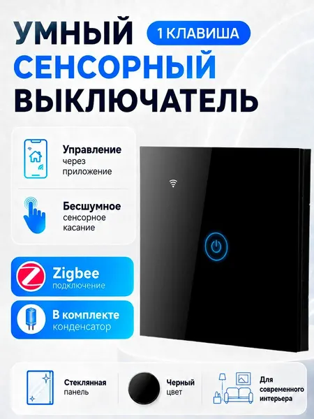 Сенсорный настенный выключатель света Zigbee SmartLife, 1 канал, черный (с конденсатором) SECTEC