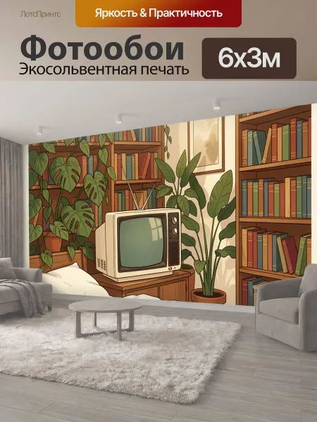 LotsPrints Фотообои "Уютная спальня с книгами и растениями." 6x3м