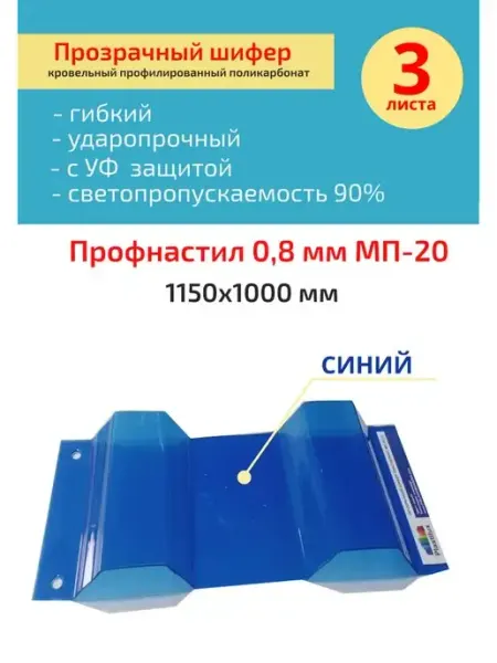 Пластилюкс Прозрачный пластиковый шифер (Синий) 0.8 1150х1000 мм. 3 шт