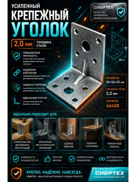Усиленный крепежный уголок 2.0 мм KUU 50x50x35мм СИБРТЕХ