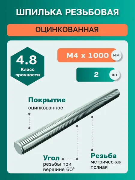 ЦКИ Шпилька резьбовая DIN975 М4х1000 4.8 цинк (2 шт)