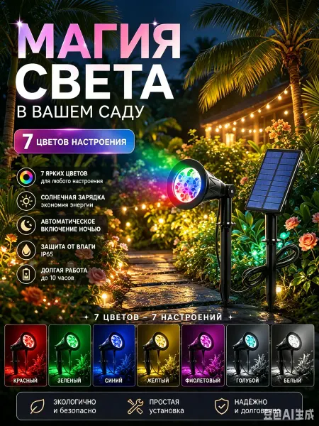 Xiaomi Садовый светильник на солнечной батарее с 7 LED цветами