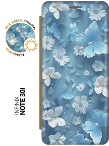 Чехол-книжка на Infinix Note 30i с принтом "Голубые бабочки" золотой