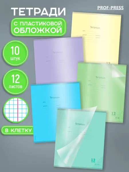 Prof-Press Тетрадь в клетку 12 листов 10 штук с пластиковой обложкой