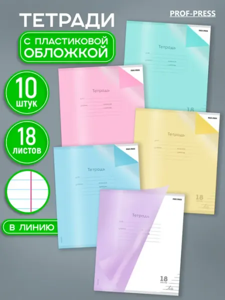 Prof-Press Тетрадь в линейку 18 листов 10 штук с пластиковой обложкой