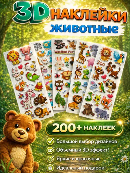 KAMUKA 3D наклейки детские набор животные