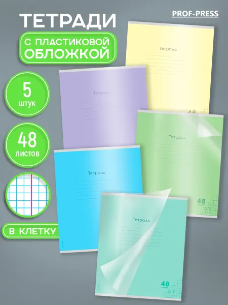 Prof-Press Тетрадь 48 листов в клетку 5 штук с пластиковой обложкой